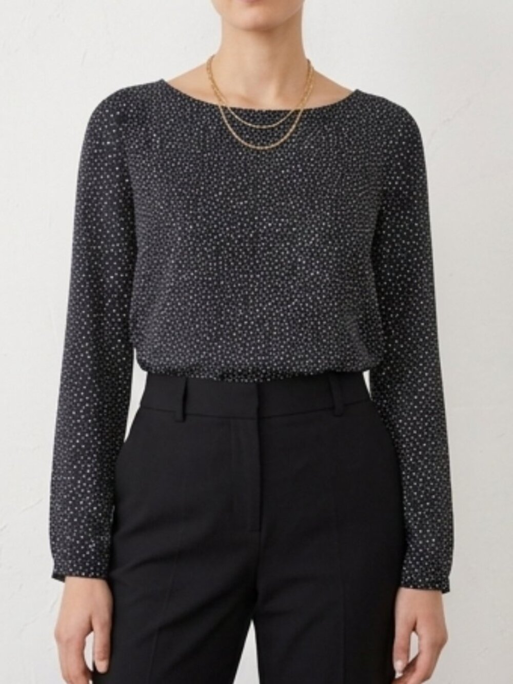 LOFT Navy Blue Mixed Media White Speckled Boatneck Long Sleeve Blouse Sz M